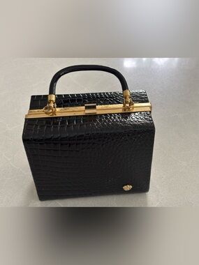 Vintage Black Faux Croc Embossed Box Handbag Gold Hardware MCM Flawed Classic
